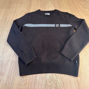 DKNY Brown Knit Sweater Men's Small Logo Stripe Crewneck Recycled Cotton Blend
